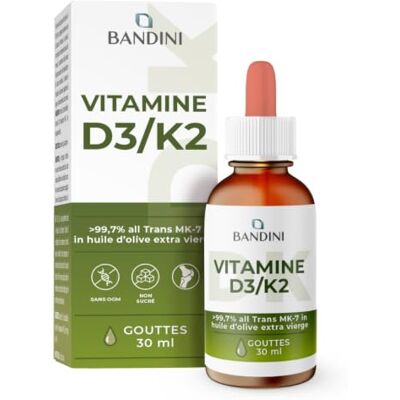 BANDINI ® Vitamine D3 K2 Gouttes 1000 UI à Forte Dose, D3+K2 Liquide 99,7% All-Trans MK-7, Gouttes des Vitamines D3 et K2, Hautement Dosée en huile d’olive, Fortement Dosé, Biodisponible, Vegan BANDINI ® Vitamine D3 K2 Gouttes 1000 UI à Forte Dose, D3+K2 Liquide 99,7% All-Trans MK-7, Gouttes des Vitamines D3 et K2, Hautement Dosée en huile d’olive, Fortement Dosé, Biodisponible, Vegan