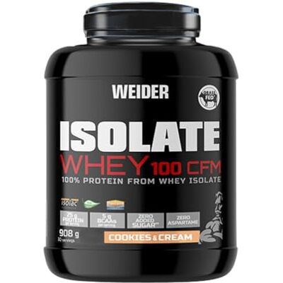 Weider Isolate Whey 100 CFM. Goût Cookies & Cream. Mélange protéines avec isolat de protéines de lactosérum. Prise de masse musculaire. Sans aspartame. Faible teneur en sucre. 908g Weider Isolate Whey 100 CFM. Goût Cookies & Cream. Mélange protéines avec isolat de protéines de lactosérum. Prise de masse musculaire. Sans aspartame. Faible teneur en sucre. 908g