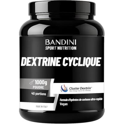 BANDINI ® Cyclic Dextrin Powder (Dextrin® Cluster) 1000g Dextrine Cyclique Hydrates de carbone de première qualité à forte ramification Energie accrue grâce à une formule brevetée Végétalien BANDINI ® Cyclic Dextrin Powder (Dextrin® Cluster) 1000g Dextrine Cyclique Hydrates de carbone de première qualité à forte ramification Energie accrue grâce à une formule brevetée Végétalien