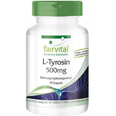 fairvital L-tyrosine en gélules de 500mg, 90 gélules, HAUTEMENT DOSÉ, acide aminé fairvital L-tyrosine en gélules de 500mg, 90 gélules, HAUTEMENT DOSÉ, acide aminé