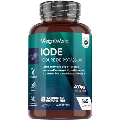 WeightWorld Iode 400μg 365 Micro Comprimés Vegan 1 Comprimé tous les 3 Jours Iodure de Potassium Stable sans OGM ni Stéarate de Magnésium Apport Standardisé d'Iode WeightWorld Iode 400μg 365 Micro Comprimés Vegan 1 Comprimé tous les 3 Jours Iodure de Potassium Stable sans OGM ni Stéarate de Magnésium Apport Standardisé d'Iode