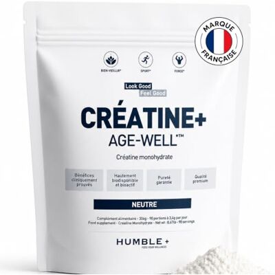 HUMBLE+ Créatine Monohydrate Age-Well® Poudre 99,9% 306 g 90 Portions Créatine monohydrate premium pureté 99,9%, hautement dosée 306 g, 90 portions Complément Marque Française HUMBLE+ Créatine Monohydrate Age-Well® Poudre 99,9% 306 g 90 Portions Créatine monohydrate premium pureté 99,9%, hautement dosée 306 g, 90 portions Complément Marque Française