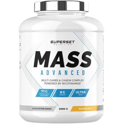 SUPERSET NUTRITION Mass Advanced (2,5kg) Gainers en poudre Favorise le gain de masse musculaire, apport important en calories + Vitamines Banana Split SUPERSET NUTRITION Mass Advanced (2,5kg) Gainers en poudre Favorise le gain de masse musculaire, apport important en calories + Vitamines Banana Split