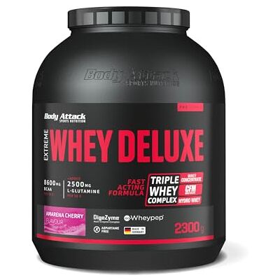 Body Attack Extreme Whey Deluxe – Crème cerise 2,3 kg – Fabriqué en Allemagne – Poudre de protéines avec acides aminés, triple complexe de whey, CFM Whey Isolate, poudre de protéines parfaitement Body Attack Extreme Whey Deluxe – Crème cerise 2,3 kg – Fabriqué en Allemagne – Poudre de protéines avec acides aminés, triple complexe de whey, CFM Whey Isolate, poudre de protéines parfaitement