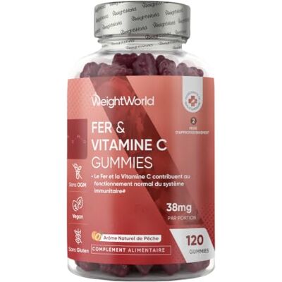 WeightWorld Fer Gummies & Vitamine C 120 Gommes Vegan (pour 4 Mois) Faibles en Sucre Gummies Vitamine C (sous forme d'Acide L- Ascorbique) avec Fer Goût Naturel de Pêche WeightWorld Fer Gummies & Vitamine C 120 Gommes Vegan (pour 4 Mois) Faibles en Sucre Gummies Vitamine C (sous forme d'Acide L- Ascorbique) avec Fer Goût Naturel de Pêche