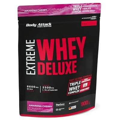 Body Attack Extreme Whey Deluxe – Amarena Cherry, 900 g, fabriqué en Allemagne, poudre de protéines avec acides aminés, triple complexe de lactosérum, CFM Whey Isolate, faible en gras, faible en sucre Body Attack Extreme Whey Deluxe – Amarena Cherry, 900 g, fabriqué en Allemagne, poudre de protéines avec acides aminés, triple complexe de lactosérum, CFM Whey Isolate, faible en gras, faible en sucre