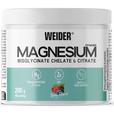 Weider Poudre de magnésium (200 g) goût baies, 250 mg/portion de bisglycinate de magnésium et de citrate en poudre avec zinc, soutien musculaire et osseux, aide à réduire la fatigue, sans sucre ajouté Weider Poudre de magnésium (200 g) goût baies, 250 mg/portion de bisglycinate de magnésium et de citrate en poudre avec zinc, soutien musculaire et osseux, aide à réduire la fatigue, sans sucre ajouté