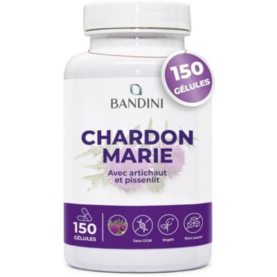 BANDINI ® Chardon Marie 150 gélules Complexe Extra Fort de Chardon-Marie Détox Foie avec Artichaut, Pissenlit et 80% Silymarine Pure Détoxification, Protection, Digestion Méthode HPLC Vegan BANDINI ® Chardon Marie 150 gélules Complexe Extra Fort de Chardon-Marie Détox Foie avec Artichaut, Pissenlit et 80% Silymarine Pure Détoxification, Protection, Digestion Méthode HPLC Vegan