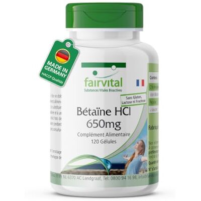fairvital Bétaïne HCl 650mg, 120 gélules, gélules de chlorhydrate de bétaïne, avec pepsine, HAUTEMENT DOSÉ fairvital Bétaïne HCl 650mg, 120 gélules, gélules de chlorhydrate de bétaïne, avec pepsine, HAUTEMENT DOSÉ