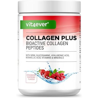 Vit4ever Collagen Plus 500 g de poudre avec MSM, glucosamine HCL, acide hyaluronique, extrait d'encens 100% collagène bioactif hydrolysat peptide collagène type 1 & 3 Framboise Fraise Vit4ever Collagen Plus 500 g de poudre avec MSM, glucosamine HCL, acide hyaluronique, extrait d'encens 100% collagène bioactif hydrolysat peptide collagène type 1 & 3 Framboise Fraise