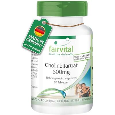 fairvital Bitartrate de choline 600mg, 90 comprimés, foie & métabolisme lipidique*, avec 40% de choline, qualité certifiée et hautement dosé, 100% végétalien, fabriqué en Allemagne fairvital Bitartrate de choline 600mg, 90 comprimés, foie & métabolisme lipidique*, avec 40% de choline, qualité certifiée et hautement dosé, 100% végétalien, fabriqué en Allemagne
