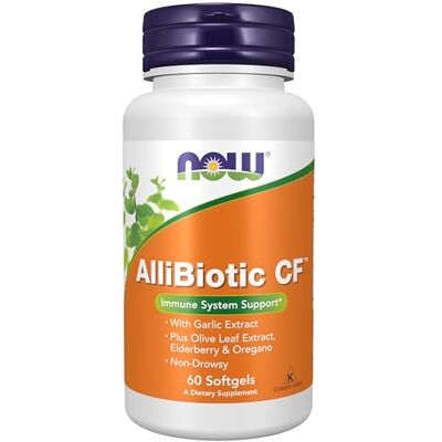 NOW Foods, AlliBiotic CF x60caps avec l'extrait Olive de Feuille, Baie de Sureau, Huile d'origan, Arabinogalactane, NOW Foods, AlliBiotic CF x60caps avec l'extrait Olive de Feuille, Baie de Sureau, Huile d'origan, Arabinogalactane,