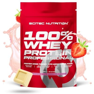 Scitec Nutrition 100% Whey Protein Professional Complexe de whey Concentré et isolat de lactosérum avec enzymes digestives protéines pour les muscles 1000 g, Fraise-Chocolat blanc Scitec Nutrition 100% Whey Protein Professional Complexe de whey Concentré et isolat de lactosérum avec enzymes digestives protéines pour les muscles 1000 g, Fraise-Chocolat blanc