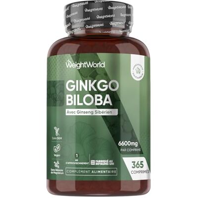 WeightWorld Ginkgo Biloba 6600mg avec Ginseng Sibérien, 365 Micro-Comprimés pour 1 An, Extrait de Ginko Biloba en Comprimés Vegan avec Flavones Glycosides & Terpènes Lactones, Sans Acide Ginkgolique et Sans OGM WeightWorld Ginkgo Biloba 6600mg avec Ginseng Sibérien, 365 Micro-Comprimés pour 1 An, Extrait de Ginko Biloba en Comprimés Vegan avec Flavones Glycosides & Terpènes Lactones, Sans Acide Ginkgolique et Sans OGM