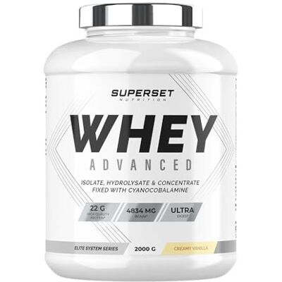 SUPERSET NUTRITION 100% Whey Proteine Advanced (2kg) Super Mix Concentrat + Isolat + Hydrolysat Whey protéine ultrafiltrée Vanille Crémeuse SUPERSET NUTRITION 100% Whey Proteine Advanced (2kg) Super Mix Concentrat + Isolat + Hydrolysat Whey protéine ultrafiltrée Vanille Crémeuse