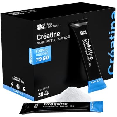 NUTRIBRAIN Créatine Monohydrate 100% Pure 3000 mg – Sticks Micronisée Prise de Masse Musculaire, Force, Endurance, Récupération, Énergie et Agilité Mentale Vegan, Sans Gluten, No OGM Pour Homme et Femme NUTRIBRAIN Créatine Monohydrate 100% Pure 3000 mg – Sticks Micronisée Prise de Masse Musculaire, Force, Endurance, Récupération, Énergie et Agilité Mentale Vegan, Sans Gluten, No OGM Pour Homme et Femme