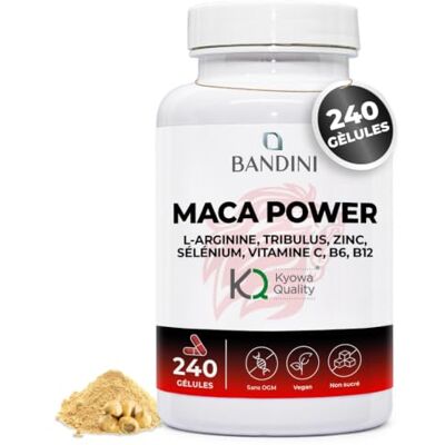 BANDINI ® MACA POWER 240 Gélules Maca noire enrichi avec Arginine Kyowa® enrichi avec Tribulus + Vitamine C + Zinc + B6 + B12 + Sélénium Anti-stress, augmente Endurance et Énergie 100% Vegan BANDINI ® MACA POWER 240 Gélules Maca noire enrichi avec Arginine Kyowa® enrichi avec Tribulus + Vitamine C + Zinc + B6 + B12 + Sélénium Anti-stress, augmente Endurance et Énergie 100% Vegan