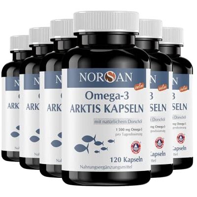 NORSAN Premium Omega-3 Arctique Lot de 6 x 120 gélules d'huile de village arctique – 1 500 mg d'oméga-3 par portion – Gélules d'huile de poisson issues de la nature sauvage durable NORSAN Premium Omega-3 Arctique Lot de 6 x 120 gélules d'huile de village arctique – 1 500 mg d'oméga-3 par portion – Gélules d'huile de poisson issues de la nature sauvage durable