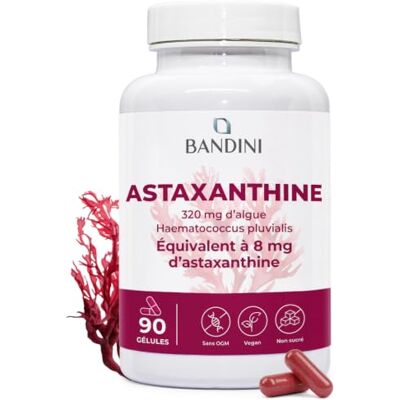 BANDINI ® Astaxanthin capsules (90 units (320 mg of algae (8mg astaxanthin)) Complément à base d'algue Haematococcus pluvialis Pour 3 mois Astaxanthine sans stéarate de magnésium ni OGM 100% Vegan BANDINI ® Astaxanthin capsules (90 units (320 mg of algae (8mg astaxanthin)) Complément à base d'algue Haematococcus pluvialis Pour 3 mois Astaxanthine sans stéarate de magnésium ni OGM 100% Vegan