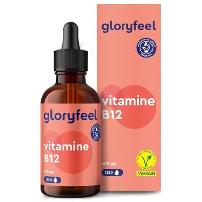 Gloryfeel Vitamine B12 en Gouttes 50 ml (1250 Gouttes), Vitamin B12 1000 μg, 50ml, 2 Formes Actives Méthylcobalamine & Adénosylcobalamine, Absorption Efficace, Testé en Laboratoire, 100% Végane et Sans Alcool Gloryfeel Vitamine B12 en Gouttes 50 ml (1250 Gouttes), Vitamin B12 1000 μg, 50ml, 2 Formes Actives Méthylcobalamine & Adénosylcobalamine, Absorption Efficace, Testé en Laboratoire, 100% Végane et Sans Alcool