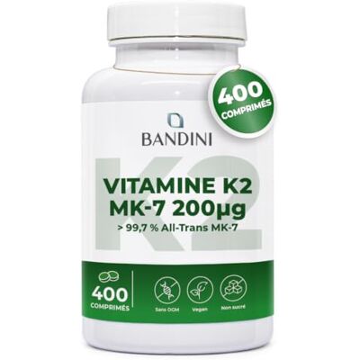 BANDINI ® Vitamine K2 MK7 400 Comprimés à Fort Dosage (+ 1 an) 200 mcg Ménaquinone Pure & Concentrée K2 200 µg, MK-7 100% All-Trans Pure Vitamin K Vegan Articulations, Cartilages et Os BANDINI ® Vitamine K2 MK7 400 Comprimés à Fort Dosage (+ 1 an) 200 mcg Ménaquinone Pure & Concentrée K2 200 µg, MK-7 100% All-Trans Pure Vitamin K Vegan Articulations, Cartilages et Os