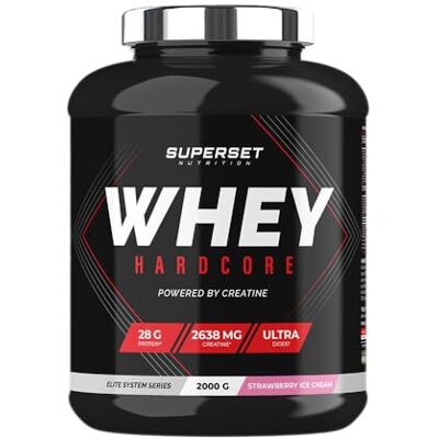 SUPERSET NUTRITION Whey Hardcore (2kg) Whey protéine Pure Whey Ultrafiltrée enrichie en Créatine, Taurine, Zinc et D3 Strawberry Ice Cream SUPERSET NUTRITION Whey Hardcore (2kg) Whey protéine Pure Whey Ultrafiltrée enrichie en Créatine, Taurine, Zinc et D3 Strawberry Ice Cream