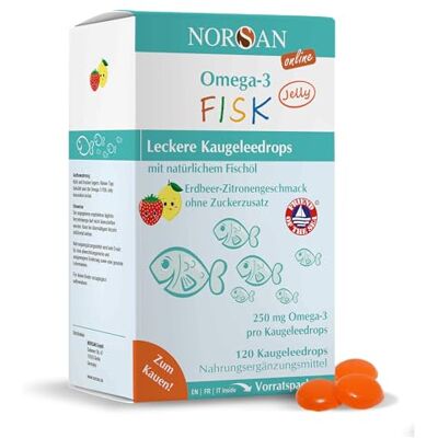 NORSAN Omega-3 FISK Jelly 120 hautement dosé, pour les enfants, avec 250 mg d'oméga-3 par gouttes de gelée à mâcher avec EPA et DHA, dose quotidienne au goût citron et fraise NORSAN Omega-3 FISK Jelly 120 hautement dosé, pour les enfants, avec 250 mg d'oméga-3 par gouttes de gelée à mâcher avec EPA et DHA, dose quotidienne au goût citron et fraise