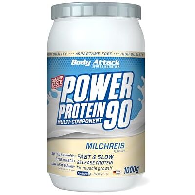 Body Attack POWER PROTEIN 90 – Riz au lait – Boîte de 1 kg – Poudre de protéines multi-composants – Fabriqué en Allemagne – Avec BCAA, vitamines et L-carnitine – Goût extra crémeux, bonne solubilité Body Attack POWER PROTEIN 90 – Riz au lait – Boîte de 1 kg – Poudre de protéines multi-composants – Fabriqué en Allemagne – Avec BCAA, vitamines et L-carnitine – Goût extra crémeux, bonne solubilité