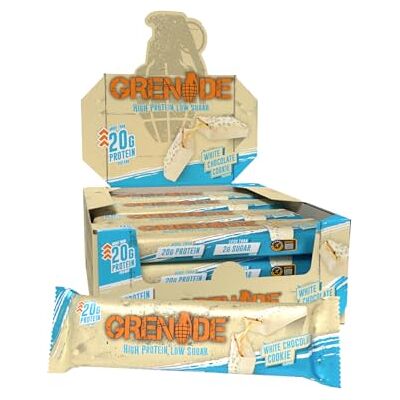 Grenade Barre Protéinée White Chocolate Cookie, 12 x 60 g Riche en Protéines, Pauvre en Sucre, Plus de 20 g de Protein par Barre Grenade Barre Protéinée White Chocolate Cookie, 12 x 60 g Riche en Protéines, Pauvre en Sucre, Plus de 20 g de Protein par Barre