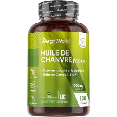 WeightWorld Huile de Graines de Chanvre 1000mg, 180 Gélules Omega 3 Vegan (6 Mois) Huile de Graines de Chanvre Pressées à Froid Multi-Usage Riche en Omega 3 6 9 avec Acides Gras Essentiels sans Arrière Goût WeightWorld Huile de Graines de Chanvre 1000mg, 180 Gélules Omega 3 Vegan (6 Mois) Huile de Graines de Chanvre Pressées à Froid Multi-Usage Riche en Omega 3 6 9 avec Acides Gras Essentiels sans Arrière Goût