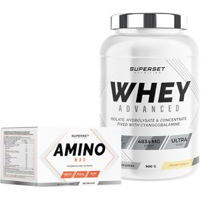 SUPERSET NUTRITION Programme Prise De Muscle Sec Débutant 100% Whey Proteine Advanced 900g Vanille Crémeuse Amino Max SUPERSET NUTRITION Programme Prise De Muscle Sec Débutant 100% Whey Proteine Advanced 900g Vanille Crémeuse Amino Max
