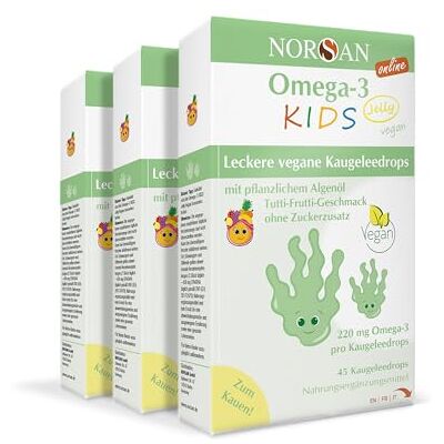 NORSAN Alga Jelly Lot de 2 boîtes de 45 huiles d'algues 220 mg d'oméga-3 par goutte à mâcher Huile végétale oméga-3 pour enfants avec EPA et DHA Vitamine D3 végétalienne (200 UI). Goût Tutti-Frutti Sans sucre NORSAN Alga Jelly Lot de 2 boîtes de 45 huiles d'algues 220 mg d'oméga-3 par goutte à mâcher Huile végétale oméga-3 pour enfants avec EPA et DHA Vitamine D3 végétalienne (200 UI). Goût Tutti-Frutti Sans sucre