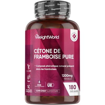 WeightWorld Cétone de Framboise Pure 1200mg 180 Gélules Vegan Multi-Usages pour 6 Mois Cétones Exogènes avec Extrait de Framboises, Regime Keto Gelules Raspberry Ketone Pure WeightWorld Cétone de Framboise Pure 1200mg 180 Gélules Vegan Multi-Usages pour 6 Mois Cétones Exogènes avec Extrait de Framboises, Regime Keto Gelules Raspberry Ketone Pure