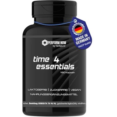 time 4 essentials – Complexe multivitaminé & minéral avec acides aminés précieux + choline + bétaïne HCL – 120 capsules – Hautement dosé – Fabrication de qualité allemande PERFORM NOW by fair&pure® time 4 essentials – Complexe multivitaminé & minéral avec acides aminés précieux + choline + bétaïne HCL – 120 capsules – Hautement dosé – Fabrication de qualité allemande PERFORM NOW by fair&pure®