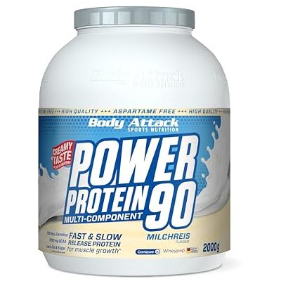 Body Attack POWER PROTEIN 90 – Riz au lait – Boîte de 2 kg – Poudre de protéines multi-composants – Fabriqué en Allemagne – Avec BCAA, vitamines et L-carnitine – Goût extra crémeux, bonne solubilité Body Attack POWER PROTEIN 90 – Riz au lait – Boîte de 2 kg – Poudre de protéines multi-composants – Fabriqué en Allemagne – Avec BCAA, vitamines et L-carnitine – Goût extra crémeux, bonne solubilité