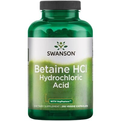 Swanson , Betaïne HCl avec VegPeptase 250 capsules végétariennes 325 mg de bétaïne HCl par dose Sans gluten Sans soja Sans OGM Sans goût Swanson , Betaïne HCl avec VegPeptase 250 capsules végétariennes 325 mg de bétaïne HCl par dose Sans gluten Sans soja Sans OGM Sans goût