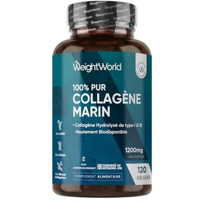 WeightWorld Collagene Marin Gelules Pur Type 1 & 3, 120 Gélules Multi-Usages, Peptide de Collagene Marin Hydrolysé, 1200mg sans Additifs ni OGM, sans Gluten ni Stéarate de Magnésium, 2 Mois d'Approvisionnement 120 Capsules de Peptides de Collagène de Po WeightWorld Collagene Marin Gelules Pur Type 1 & 3, 120 Gélules Multi-Usages, Peptide de Collagene Marin Hydrolysé, 1200mg sans Additifs ni OGM, sans Gluten ni Stéarate de Magnésium, 2 Mois d'Approvisionnement 120 Capsules de Peptides de Collagène de Po