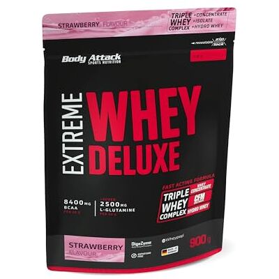Body Attack Extreme Whey Deluxe – Crème à la fraise – 900 g – Fabriqué en Allemagne – Poudre de protéines avec acides aminés, triple complexe CFM Whey Isolate, poudre de protéines parfaitement soluble Body Attack Extreme Whey Deluxe – Crème à la fraise – 900 g – Fabriqué en Allemagne – Poudre de protéines avec acides aminés, triple complexe CFM Whey Isolate, poudre de protéines parfaitement soluble
