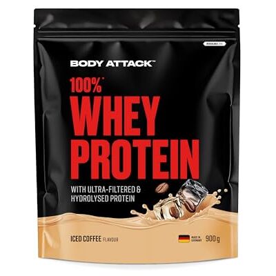 Body Attack 100 % protéines de lactosérum Café glacé 900 g Fabriqué Poudre de protéines crémeuses avec hydrolysate et BCAA, soutient le développement musculaire et le régime Body Attack 100 % protéines de lactosérum Café glacé 900 g Fabriqué Poudre de protéines crémeuses avec hydrolysate et BCAA, soutient le développement musculaire et le régime