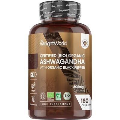 WeightWorld Ashwagandha Bio 180 Gélules Vegan (6 Mois) Withanolides & Piperine Ginseng Indien Extrait de Poudre d'Ashwagandha (Aswaganda Withania Somnifera) et Poivre Noir Bio (Piper Nigrum) WeightWorld Ashwagandha Bio 180 Gélules Vegan (6 Mois) Withanolides & Piperine Ginseng Indien Extrait de Poudre d'Ashwagandha (Aswaganda Withania Somnifera) et Poivre Noir Bio (Piper Nigrum)