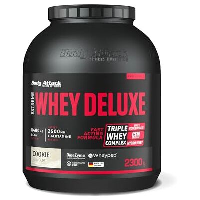 Body Attack Extreme Whey Deluxe Cookies n Cream, 2,3 kg, fabriqué en Allemagne, poudre de protéines avec acides aminés, triple complexe, CFM Whey Isolate, poudre de protéines parfaitement soluble Body Attack Extreme Whey Deluxe Cookies n Cream, 2,3 kg, fabriqué en Allemagne, poudre de protéines avec acides aminés, triple complexe, CFM Whey Isolate, poudre de protéines parfaitement soluble