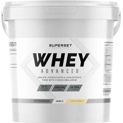 SUPERSET NUTRITION 100% Whey Proteine Advanced (4kg) Super Mix Concentrat + Isolat + Hydrolysat Whey protéine ultrafiltrée Vanille Crémeuse SUPERSET NUTRITION 100% Whey Proteine Advanced (4kg) Super Mix Concentrat + Isolat + Hydrolysat Whey protéine ultrafiltrée Vanille Crémeuse