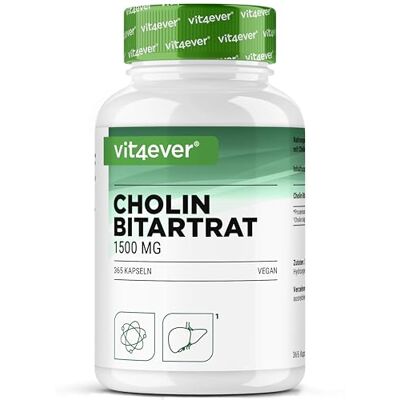 Vit4ever Gélules de choline – 365 gélules avec 1500 mg de bitartrate de choline par dose quotidienne – plus de 6 mois de réserve – foie, homocystéine & métabolisme des graisses – naturel, fortement dosé, véga Vit4ever Gélules de choline – 365 gélules avec 1500 mg de bitartrate de choline par dose quotidienne – plus de 6 mois de réserve – foie, homocystéine & métabolisme des graisses – naturel, fortement dosé, véga
