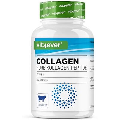 Vit4ever Collagen 300 Capsules 4500mg de collagène bioactif hydrolysé peptides par dose journalière Collagène type 1 & 3 Alternative à la poudre Hautement dosé Vit4ever Collagen 300 Capsules 4500mg de collagène bioactif hydrolysé peptides par dose journalière Collagène type 1 & 3 Alternative à la poudre Hautement dosé