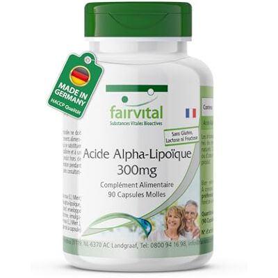 fairvital Gélules d'acide alpha-lipoïque 300mg (ALA), pour 3 mois, HAUTEMENT DOSÉ, 90 gélules molles fairvital Gélules d'acide alpha-lipoïque 300mg (ALA), pour 3 mois, HAUTEMENT DOSÉ, 90 gélules molles