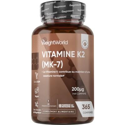WeightWorld Vitamine K2 MK7 200µg par Comprimé 365 Micro Comprimés Vegan pour 1 An sous Forme de Ménaquinone WeightWorld Vitamine K2 MK7 200µg par Comprimé 365 Micro Comprimés Vegan pour 1 An sous Forme de Ménaquinone