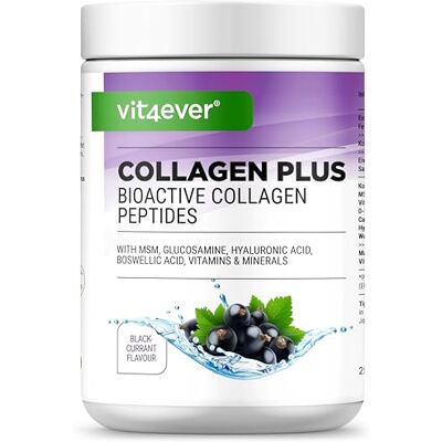 Vit4ever Collagen Plus 500 g de poudre avec MSM, glucosamine HCL, acide hyaluronique, extrait d'encens 100% collagène bioactif hydrolysé peptides collagène type 1 & 3 goût Cassis Vit4ever Collagen Plus 500 g de poudre avec MSM, glucosamine HCL, acide hyaluronique, extrait d'encens 100% collagène bioactif hydrolysé peptides collagène type 1 & 3 goût Cassis