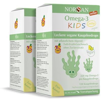 NORSAN Alga Jelly Lot de 2 boîtes de 120 huiles d'algues 220 mg d'oméga-3 par goutte à mâcher Huile végétale oméga-3 pour enfants avec EPA et DHA Vitamine D3 végétalienne (200 UI). Goût Tutti-Frutti Sans sucre NORSAN Alga Jelly Lot de 2 boîtes de 120 huiles d'algues 220 mg d'oméga-3 par goutte à mâcher Huile végétale oméga-3 pour enfants avec EPA et DHA Vitamine D3 végétalienne (200 UI). Goût Tutti-Frutti Sans sucre