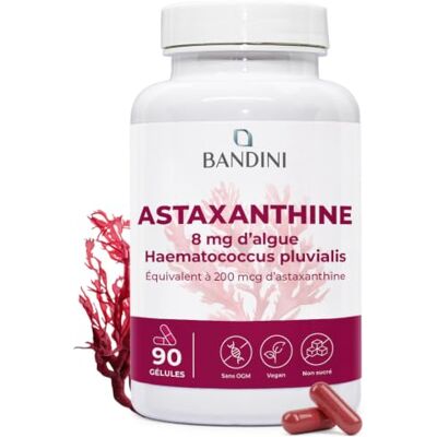BANDINI ® Astaxanthine 90 gélules 8 mg de poudre d'astaxanthine par gélule Complément alimentare à base d'algue Haematococcus pluvialis Plus de 3 mois Astaxanthin sans stéarate de magnésium ni OGM BANDINI ® Astaxanthine 90 gélules 8 mg de poudre d'astaxanthine par gélule Complément alimentare à base d'algue Haematococcus pluvialis Plus de 3 mois Astaxanthin sans stéarate de magnésium ni OGM