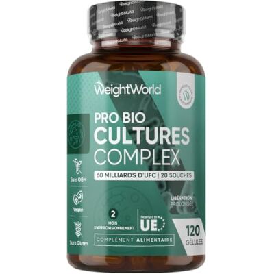 WeightWorld Probiotiques et Prébiotiques 60 Milliards d'UFC avec 20 Souches Probiotique Flore Intestinale 120 Gélules Vegan, Lactobacillus Reuteri, Lactobacillus Gasseri, Bifidobacterium Longum WeightWorld Probiotiques et Prébiotiques 60 Milliards d'UFC avec 20 Souches Probiotique Flore Intestinale 120 Gélules Vegan, Lactobacillus Reuteri, Lactobacillus Gasseri, Bifidobacterium Longum